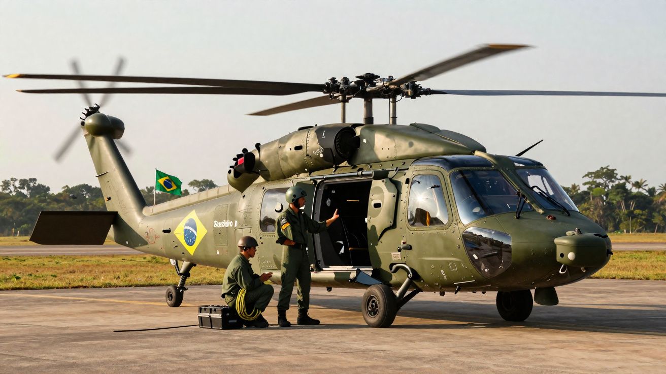 Helicóptero militar brasileiro verde com dois militares ao lado numa pista de aterragem.