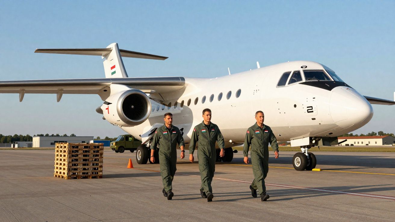 Três pilotos em uniforme verde caminham em frente a um avião branco estacionado num aeroporto ao entardecer.