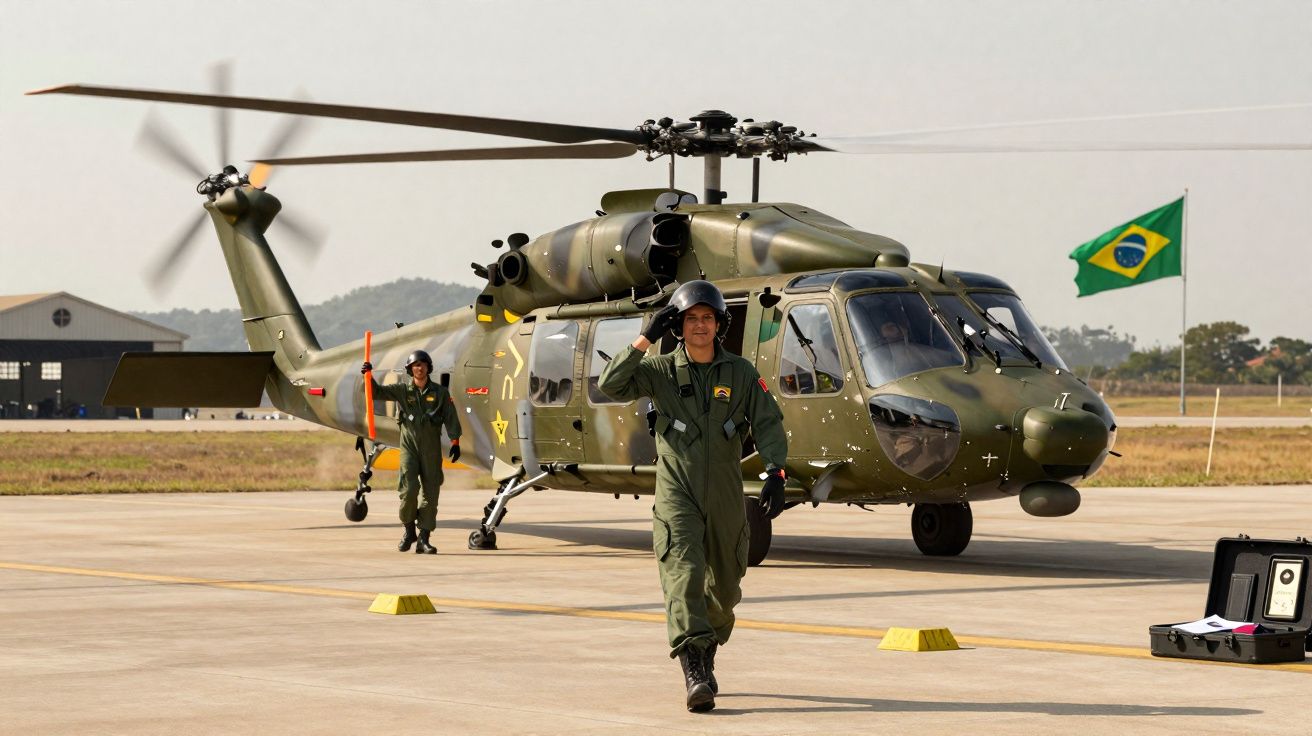 Helicóptero militar camuflado com dois pilotos em uniforme verde e bandeira do Brasil ao fundo numa pista de aterragem.