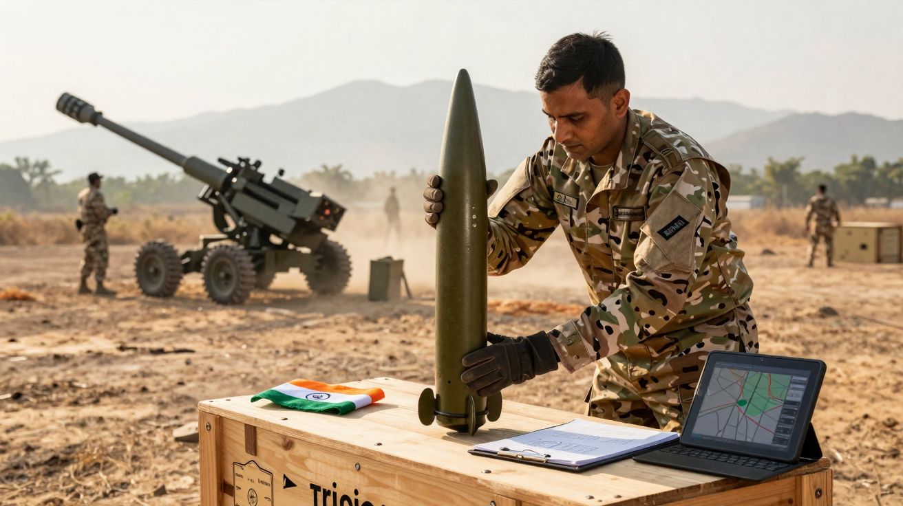 Soldado em uniforme camuflado a manusear munição perto de equipamento militar num terreno seco e montanhoso.