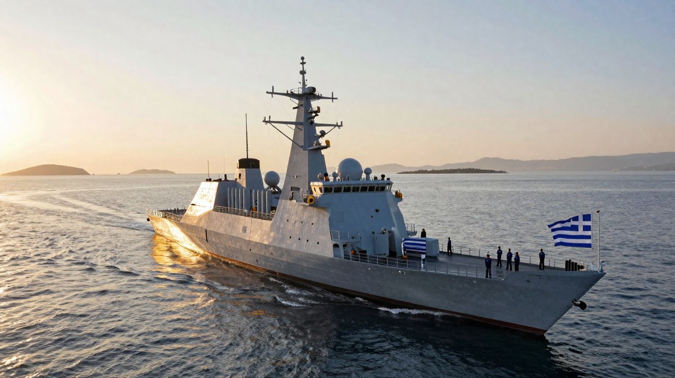 Navio de guerra grego ao pôr do sol, com tripulação no convés e bandeira da Grécia.