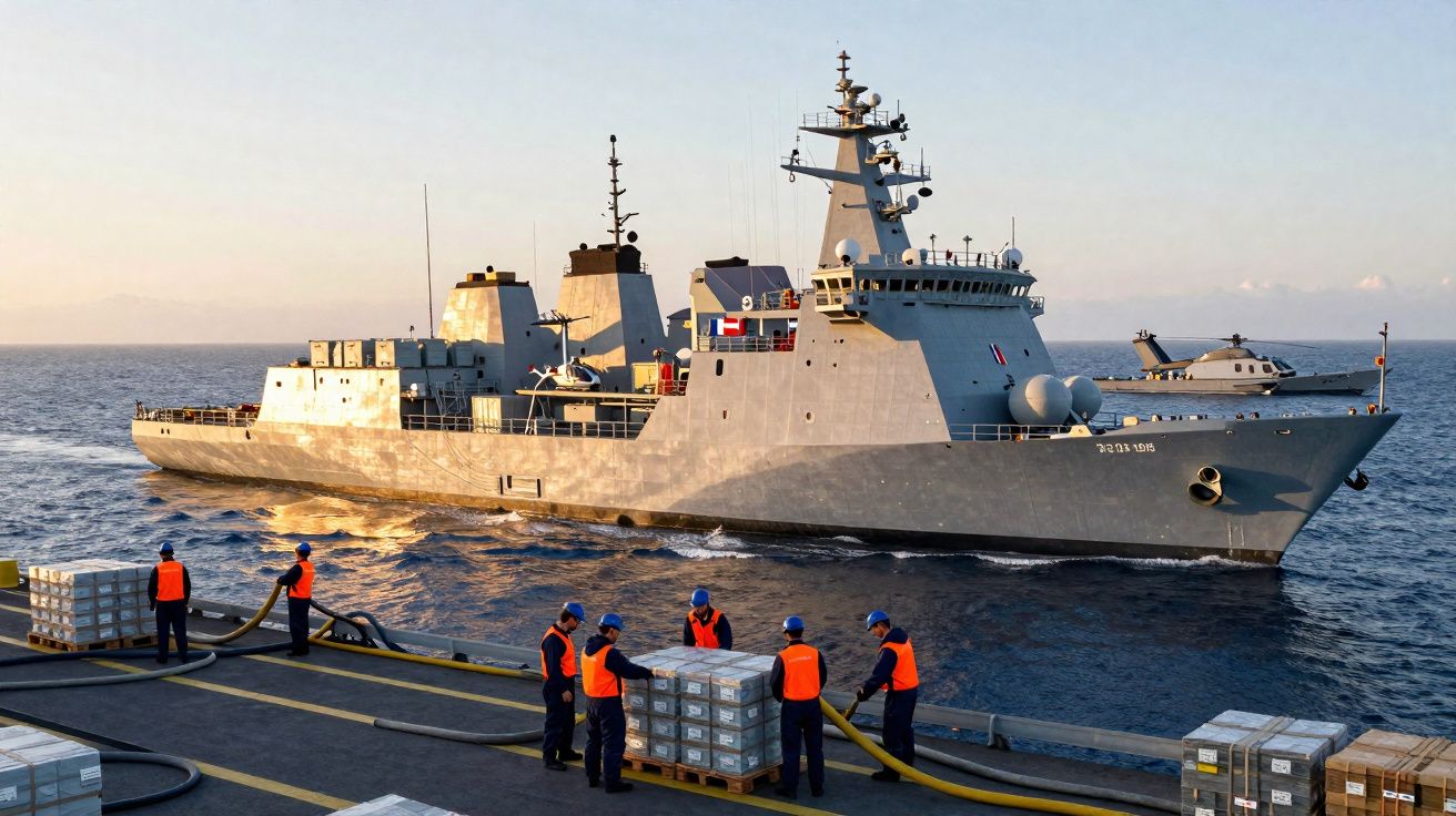 Navio militar cinzento no mar com tripulação em coletes laranja a manusear contentores no convés.