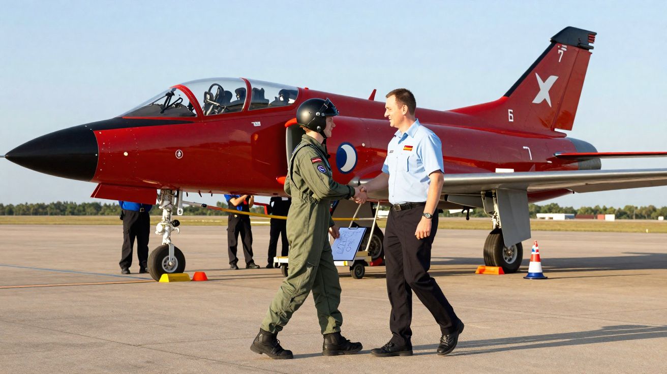 Piloto militar e oficial apertam as mãos junto a jato vermelho estacionado numa pista de aeroporto.