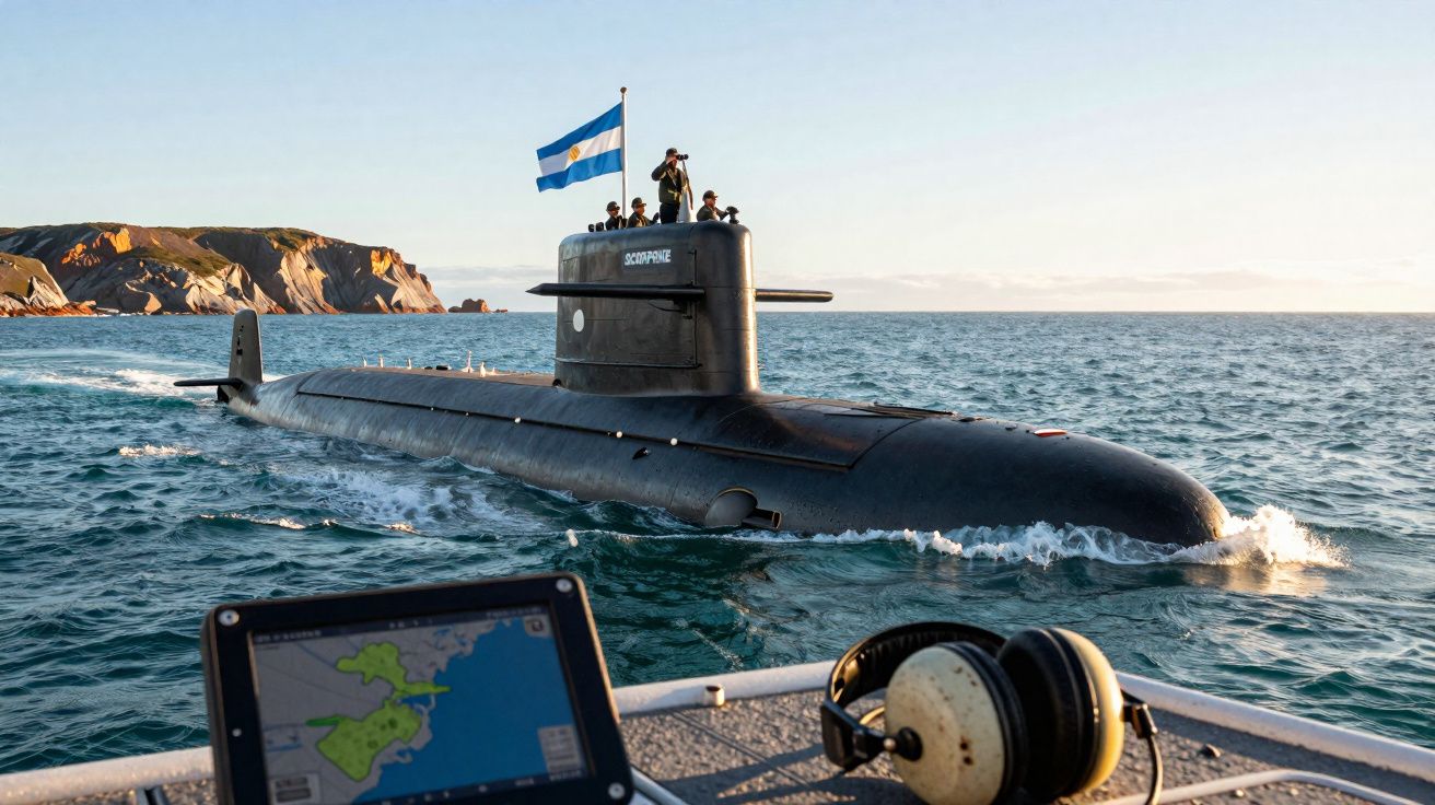 Submarino argentino na água com tripulação visível e bandeira nacional à popa, vista a partir de outra embarcação.