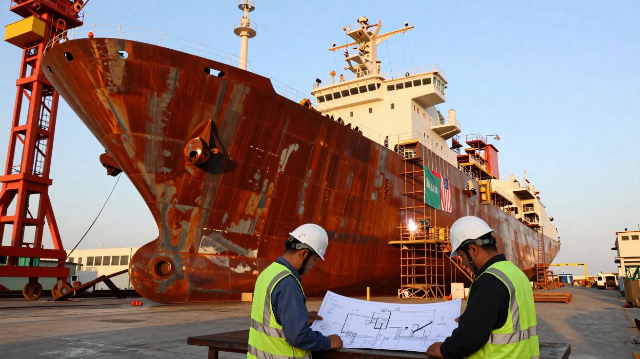Dois trabalhadores com capacete e colete analisam plantas junto a um grande navio em construção no estaleiro naval.