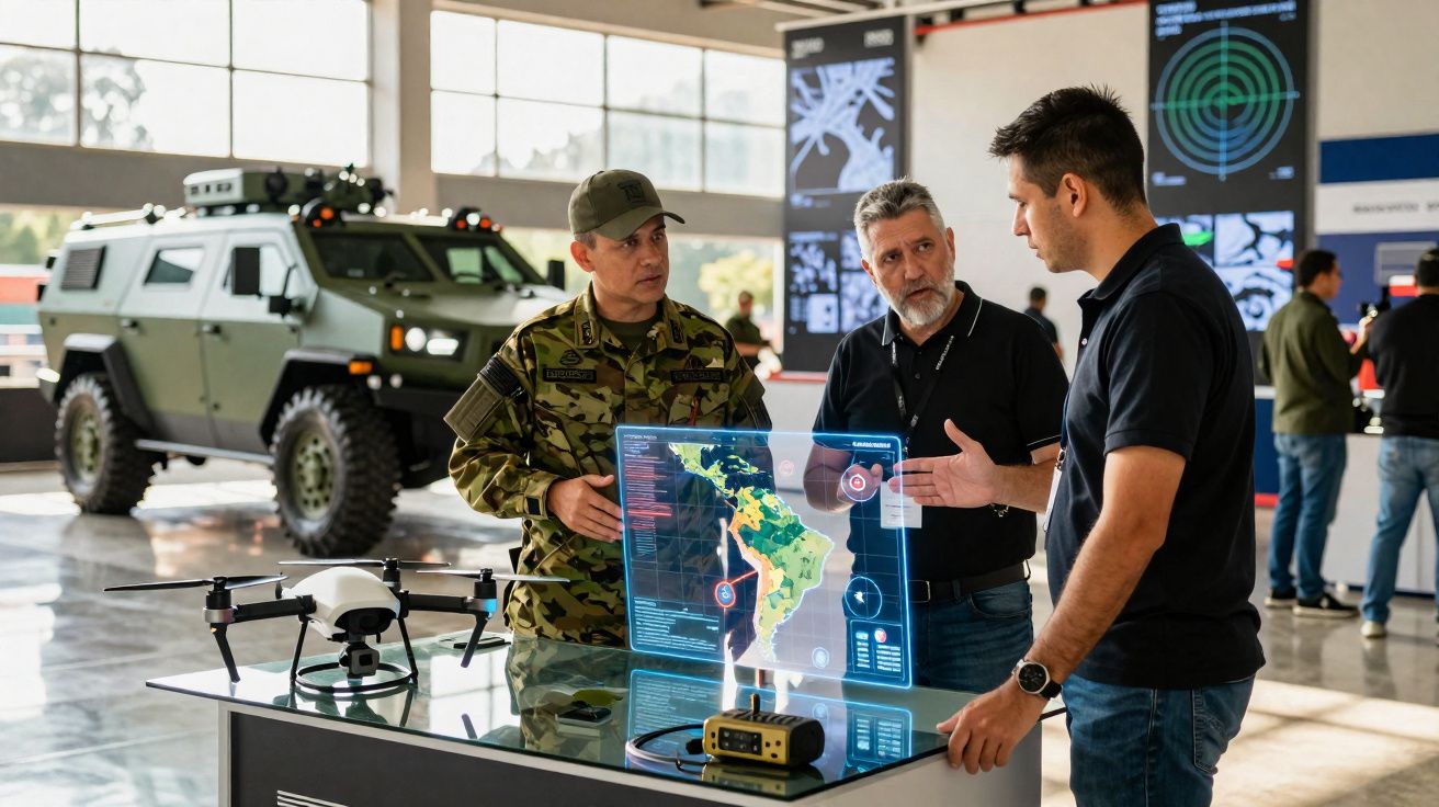 Três homens discutem um mapa holográfico em sala com drone e veículo militar ao fundo.