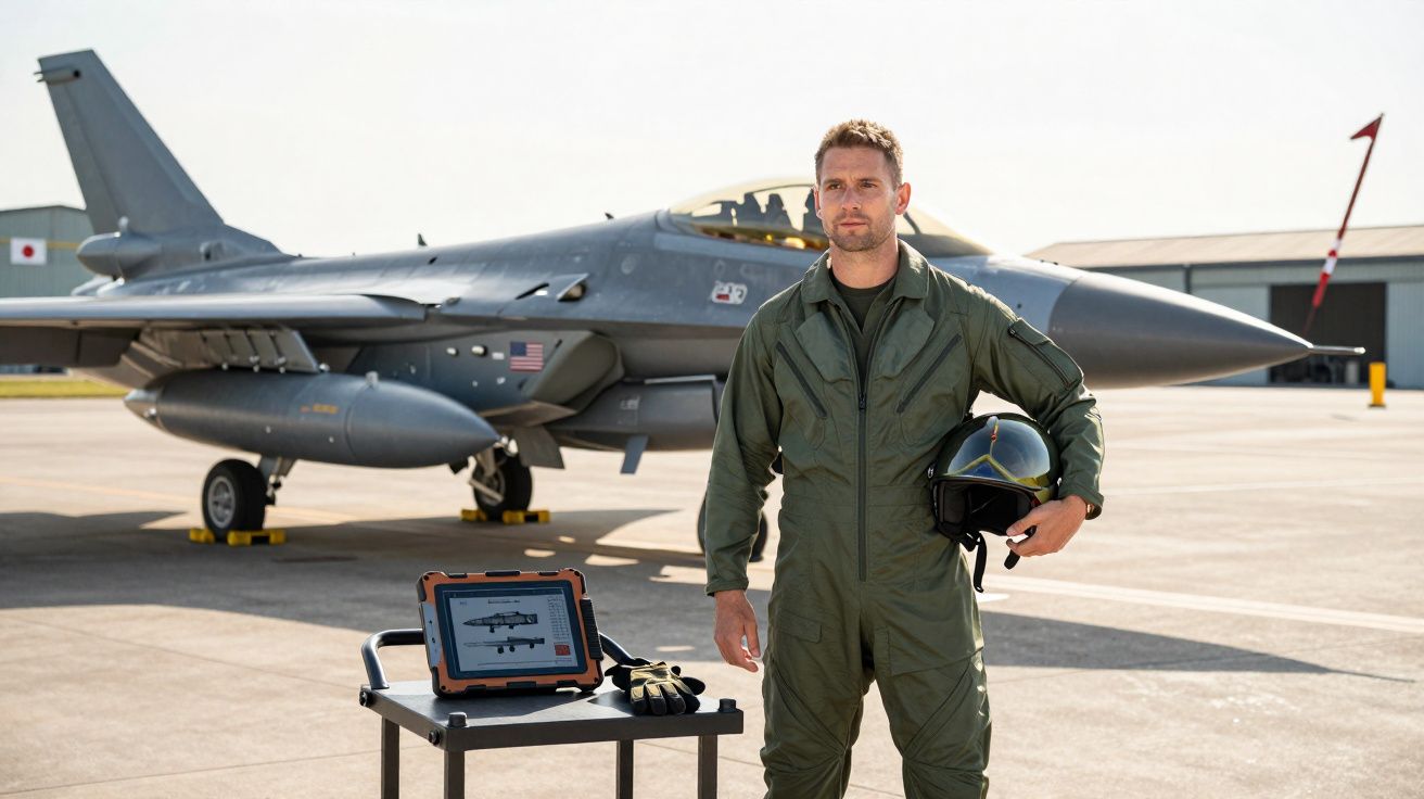 Homem com fato de piloto militar segura capacete à frente de jato de combate estacionado no aeroporto.