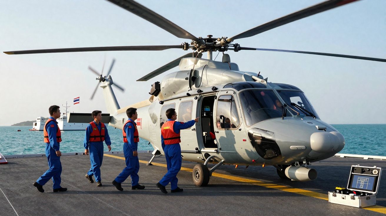 Quatro homens em uniformes azuis e coletes laranja preparam-se para embarcar num helicóptero cinzento junto ao mar.