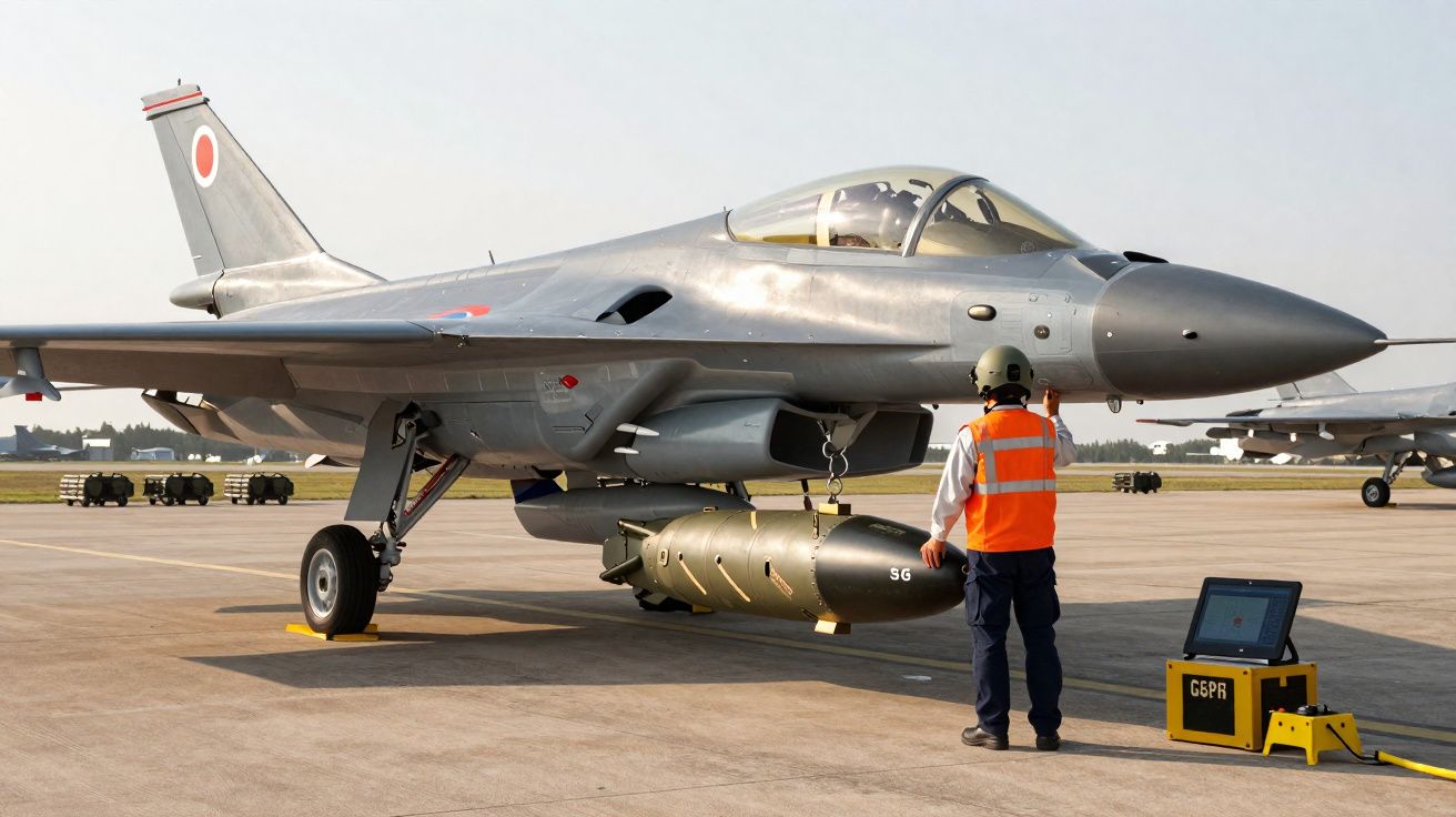 Caça militar estacionado com técnico a preparar armamento num aeroporto ensolarado.