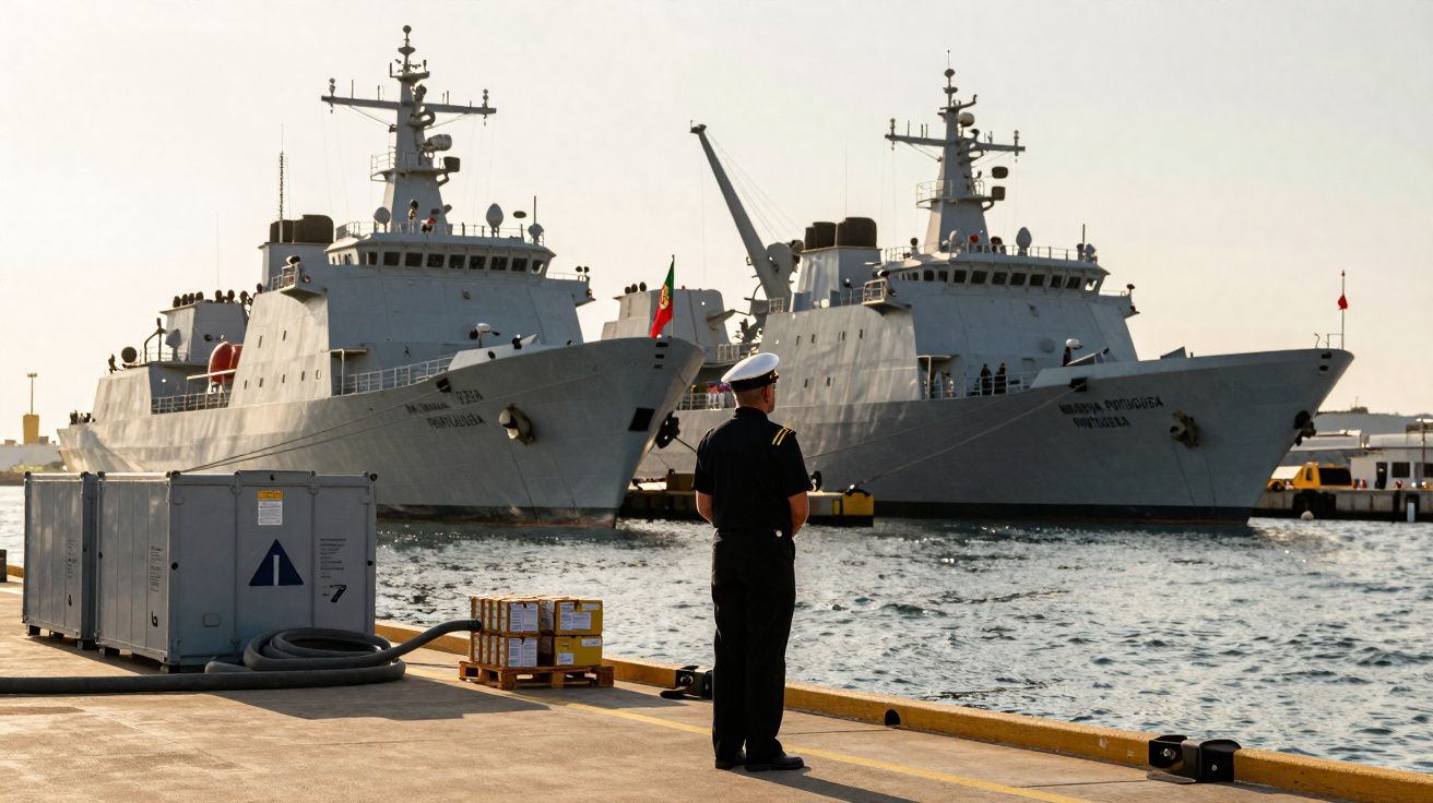 Oficial naval de farda observando dois navios militares atracados num porto ao fim da tarde.