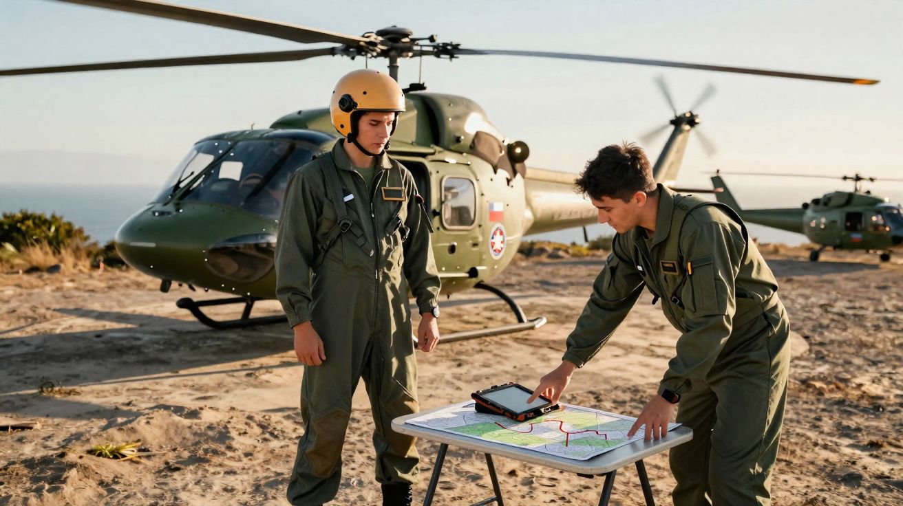 Dois militares junto a helicópteros militares, um com capacete e outro a apontar para um mapa sobre uma mesa.
