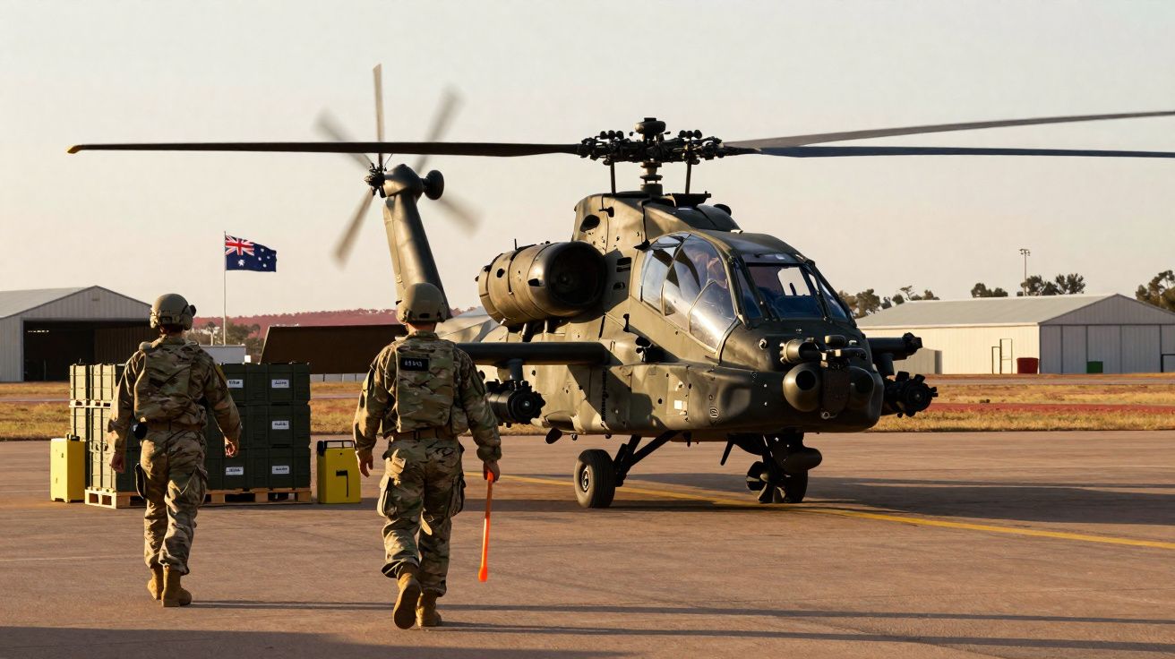 Helicóptero militar Apache no solo com dois soldados em uniforme camuflado a aproximarem-se.