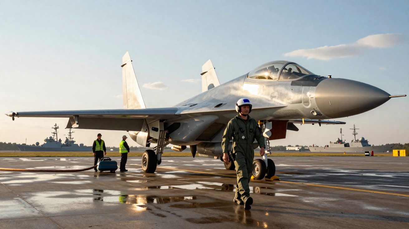 Caça militar estacionado no convés de um porta-aviões com tripulação em atividade ao redor.