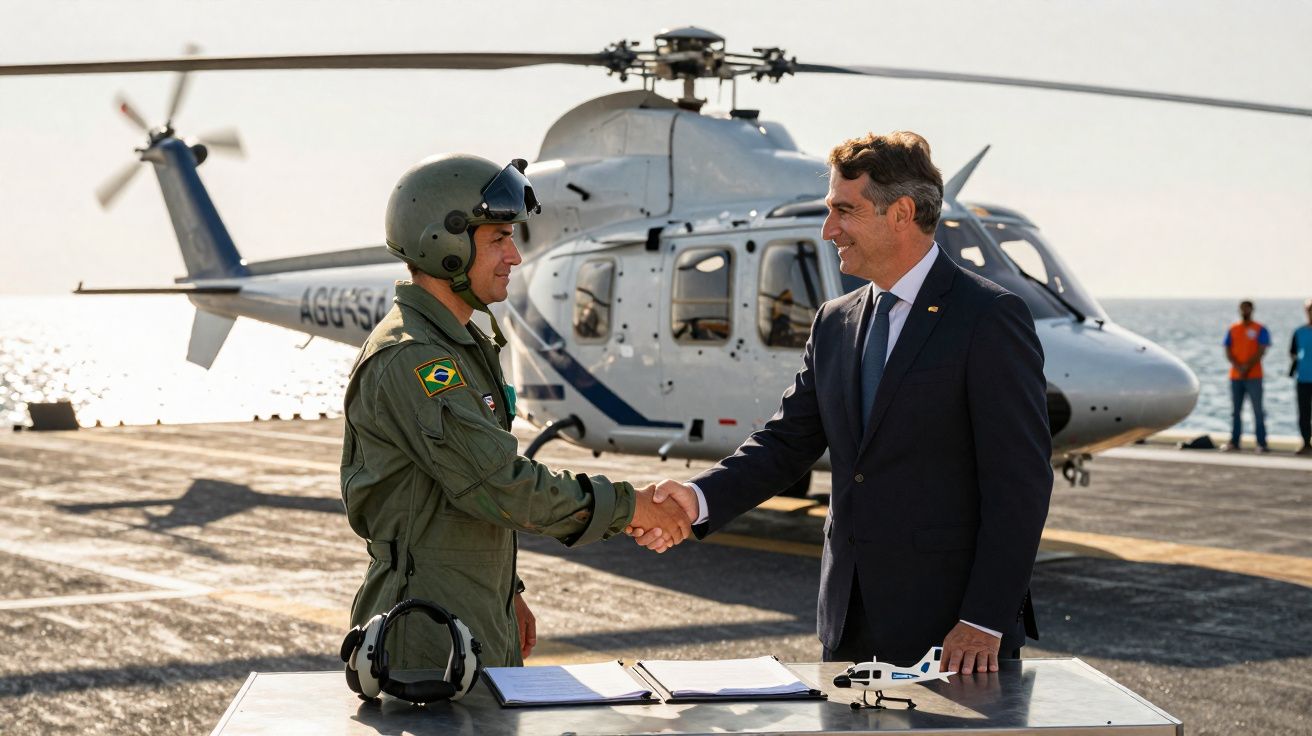 Piloto militar com farda e capacete cumprimenta homem de fato junto a helicóptero num convés marítimo.