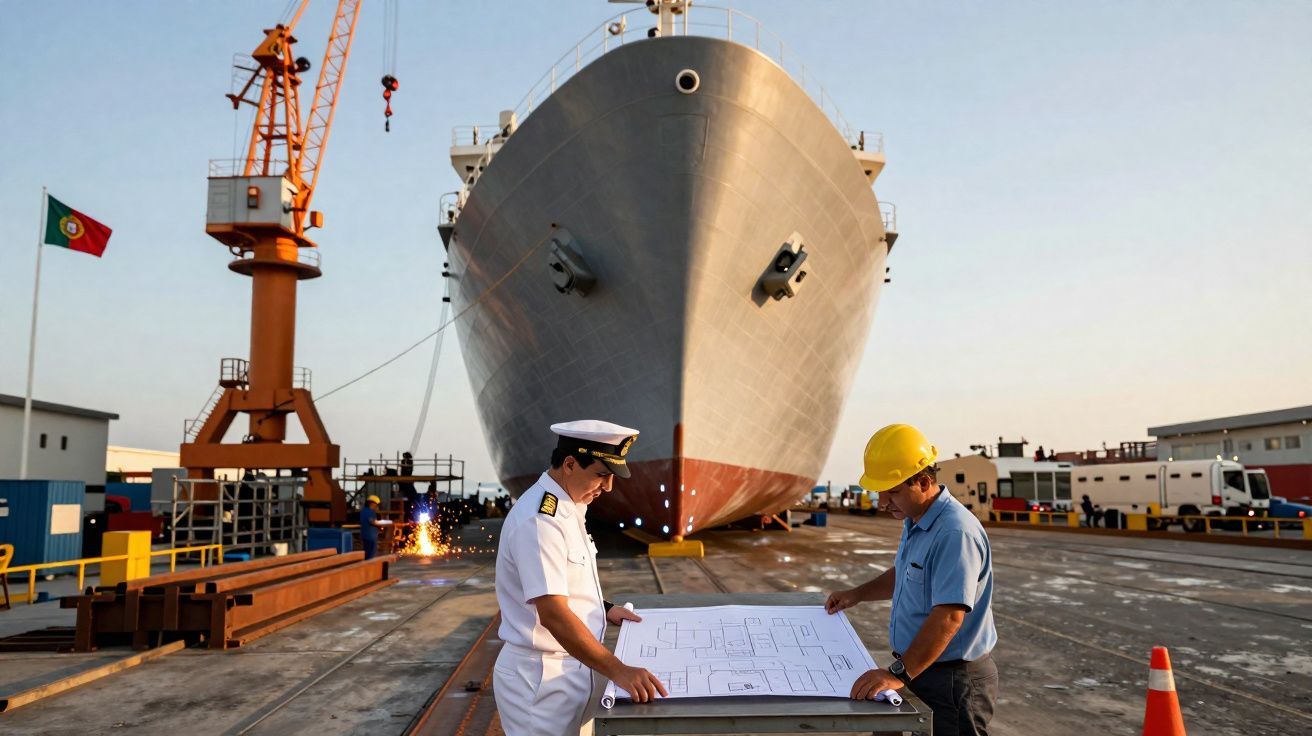 Dois homens a analisar plantas junto a um grande navio militar atracado num estaleiro naval em Portugal.