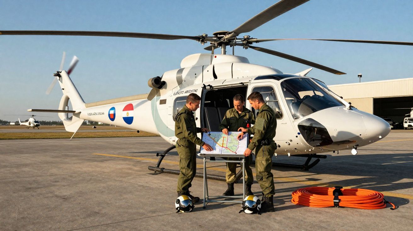 Três homens em uniforme militar planeiam numa mesa diante de um helicóptero branco numa pista de aterragem.