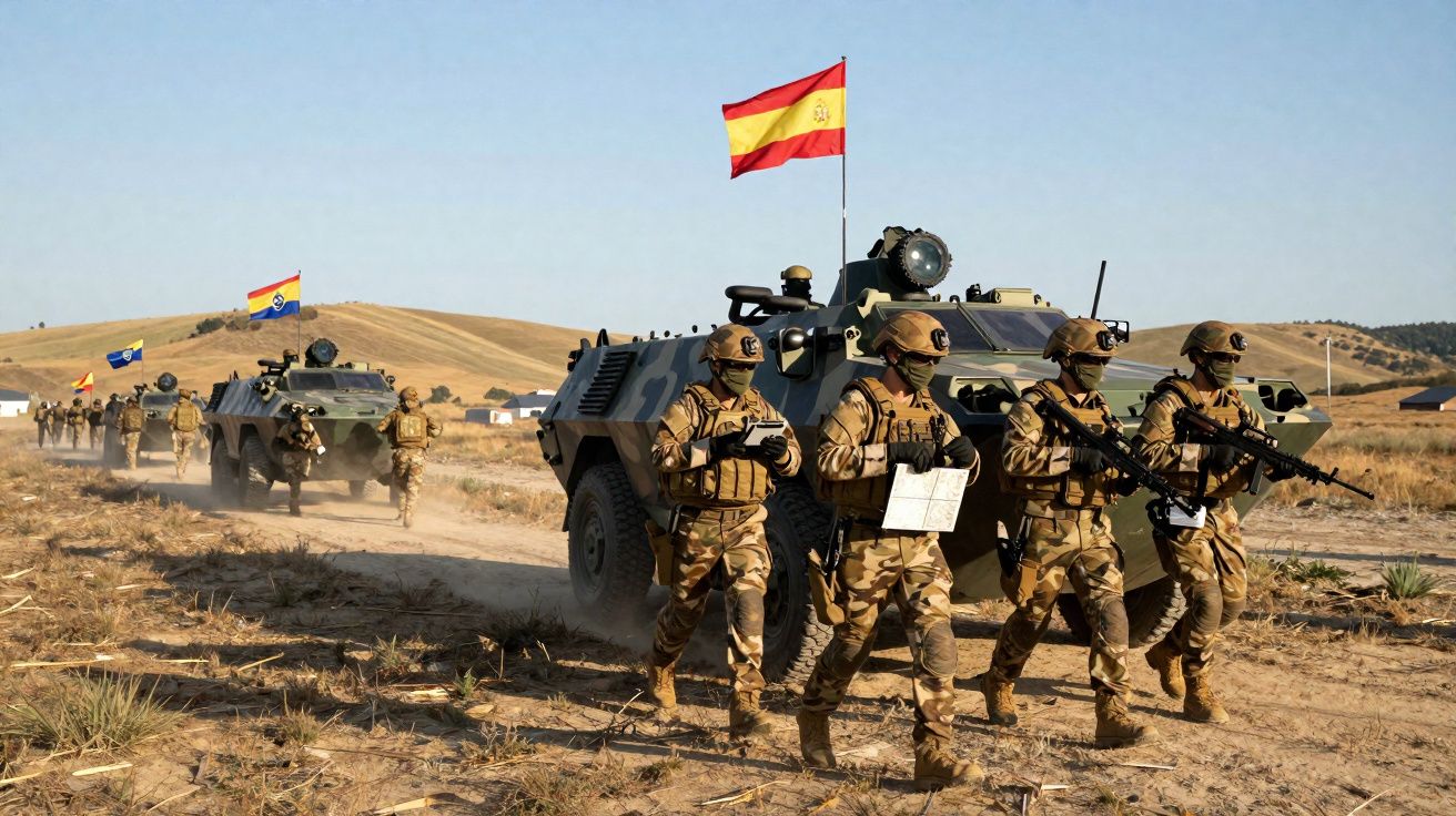 Soldados espanhóis em uniformes camuflados marcham junto a veículos militares em terreno árido com bandeiras espanholas.