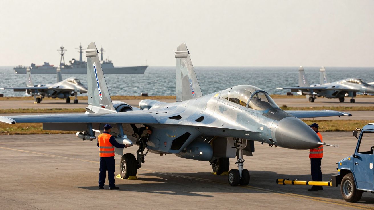 Caça militar cinzento no solo com dois técnicos em coletes laranja e navios de guerra ao fundo no mar.