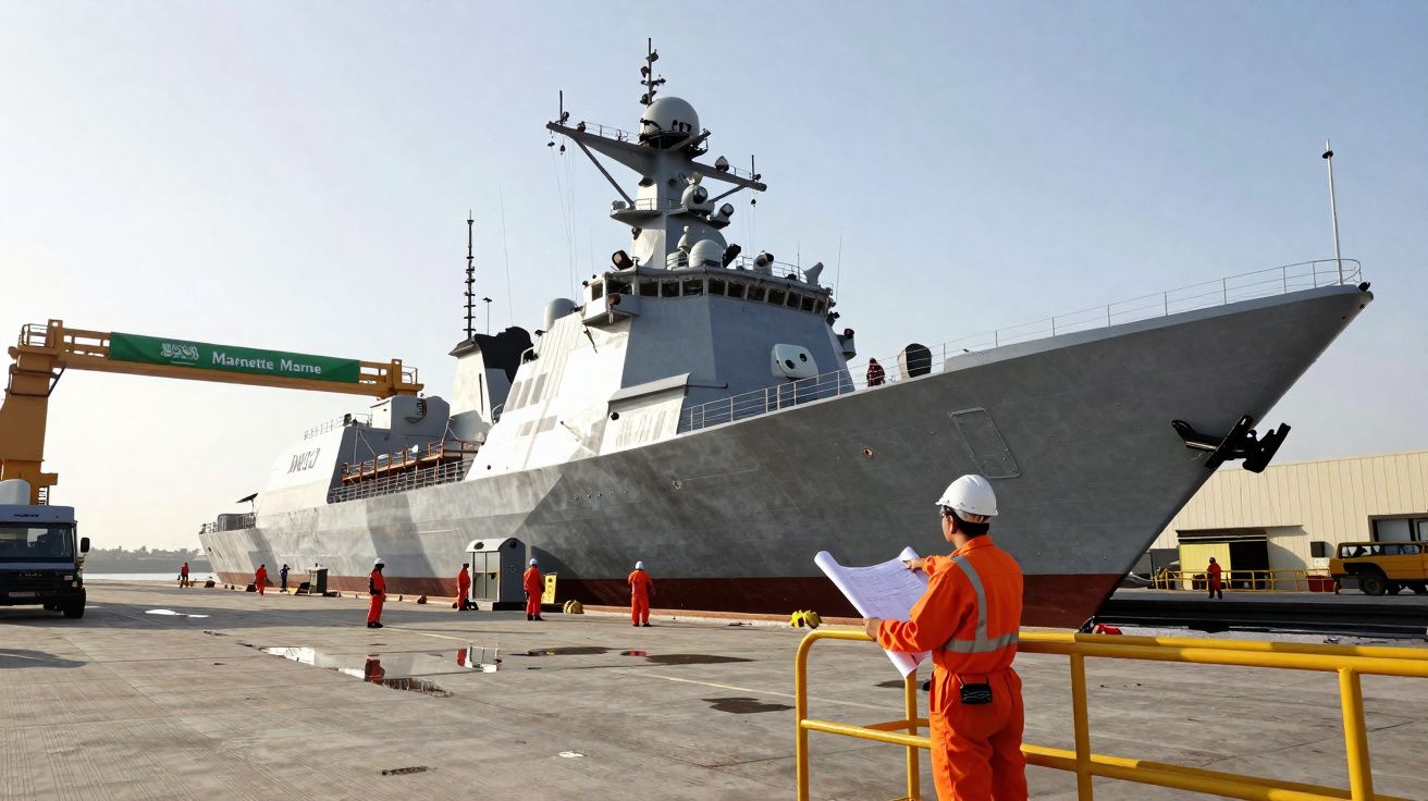 Navio militar atracado em porto com trabalhadores de segurança laranja vistoriando e equipamentos no cais.