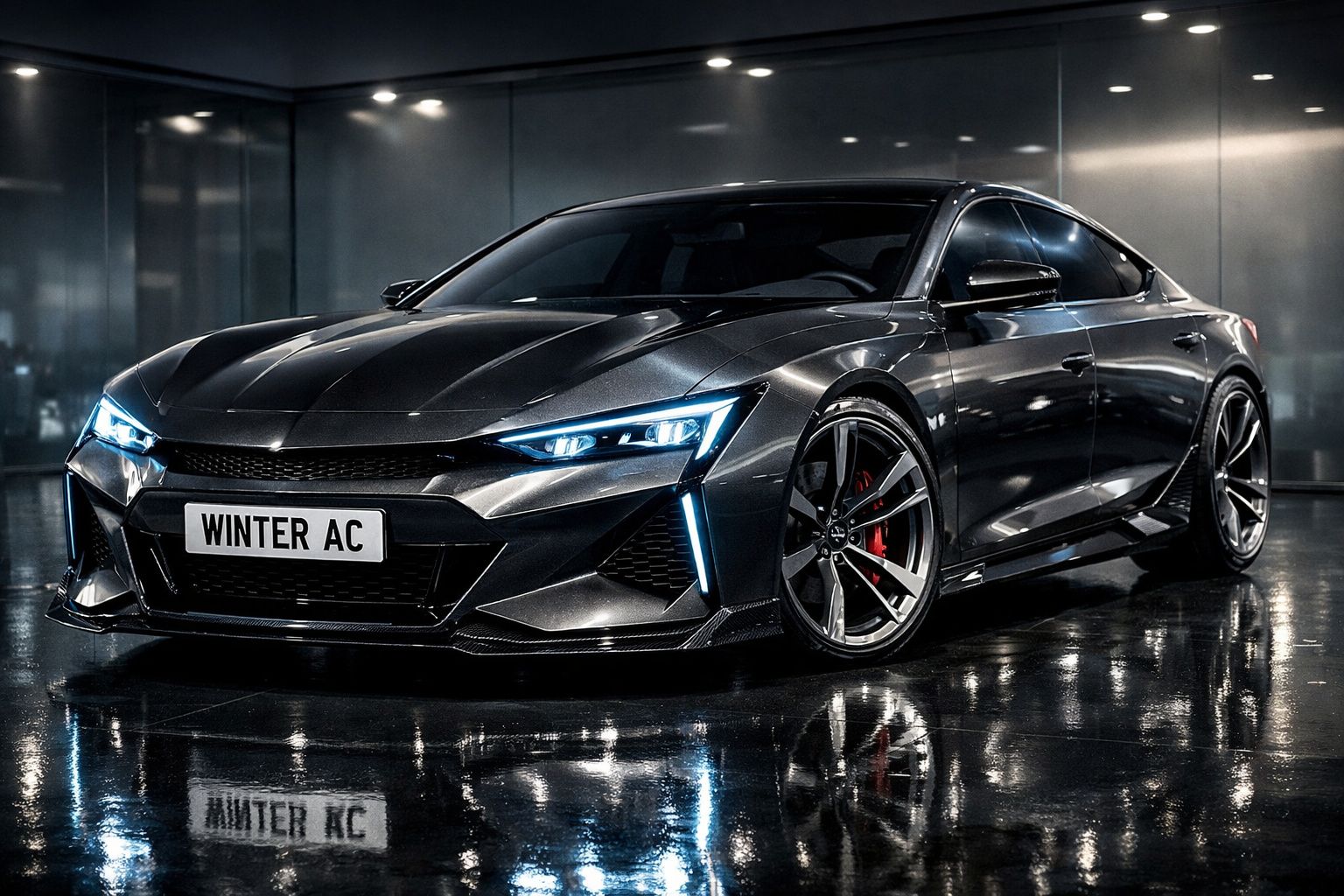 Carro desportivo preto com faróis LED azuis e rodas de liga leve expostas num piso molhado refletivo.