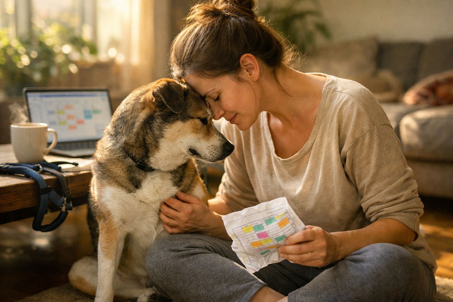 Mulher sentada a tocar e encostar a testa a cão, com papel colorido na mão, em sala iluminada.