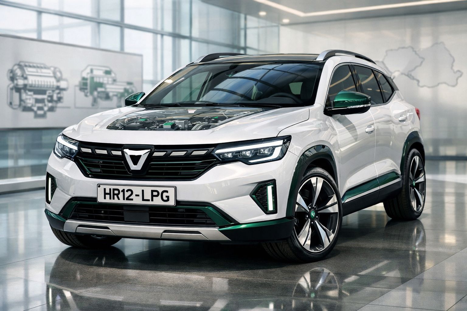 SUV branco com detalhes verdes, motor visível sob o capot transparente, em showroom moderno.