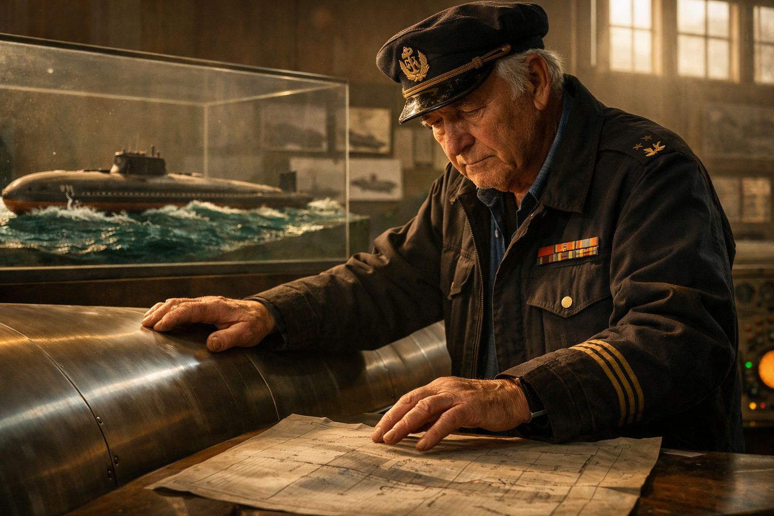 Homem idoso com uniforme naval estuda um mapa naval, ao lado de modelo de submarino numa sala com janelas grandes.