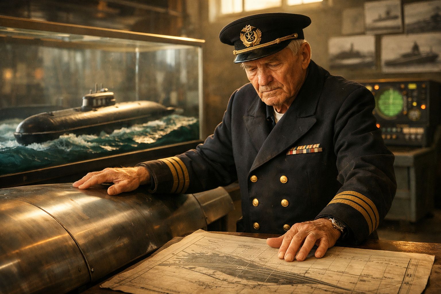 Veterano naval em uniforme a consultar mapa marítimo junto a maquete de submarino num ambiente fechado.