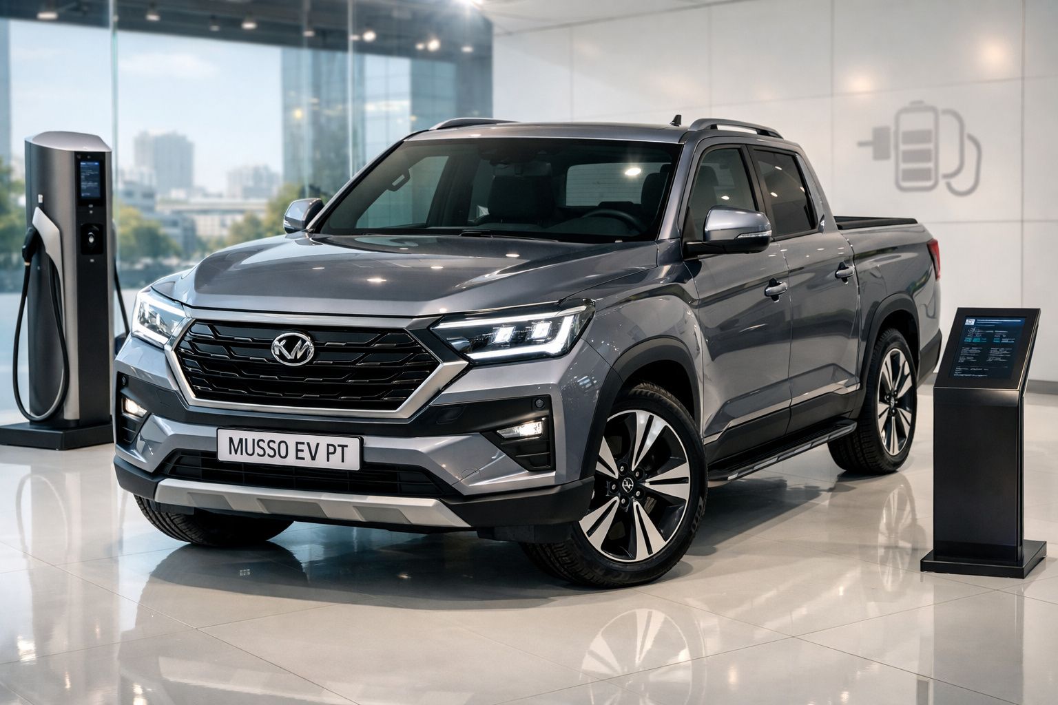 Pickup elétrica cinzenta estacionada em showroom moderno com posto de carregamento ao lado.