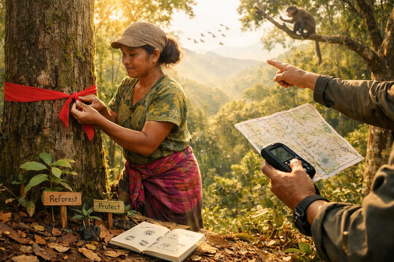 Mulher a amarrar fita vermelha numa árvore, homem a segurar mapa e GPS numa floresta ao amanhecer.