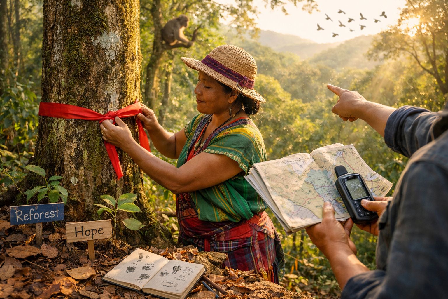 Mulher indígena amarra fita vermelha numa árvore, com placas "Reforest" e "Hope" numa floresta iluminada pelo sol.