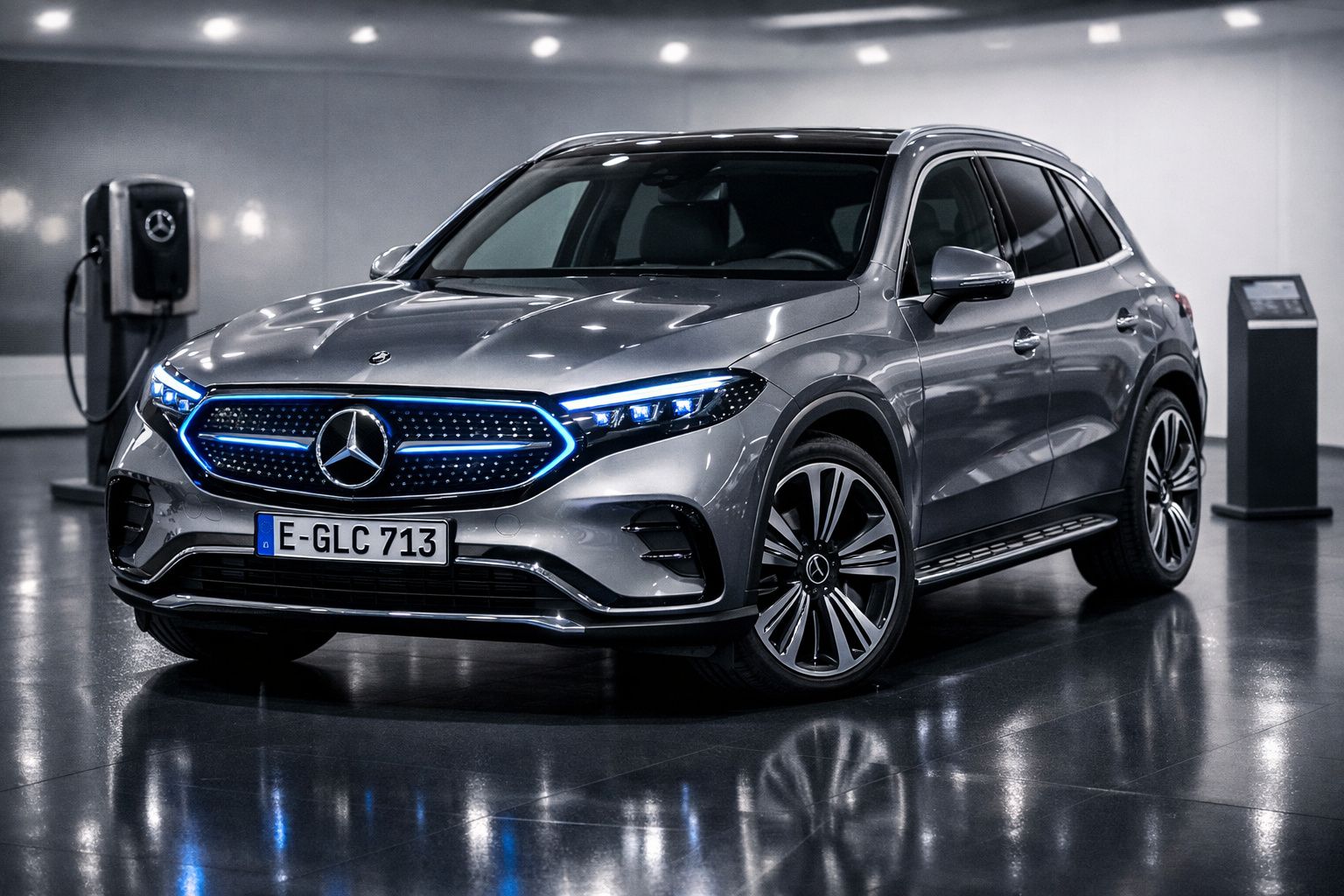 Carro elétrico Mercedes-Benz cinza num espaço interior com iluminação azul nos faróis e grelha.