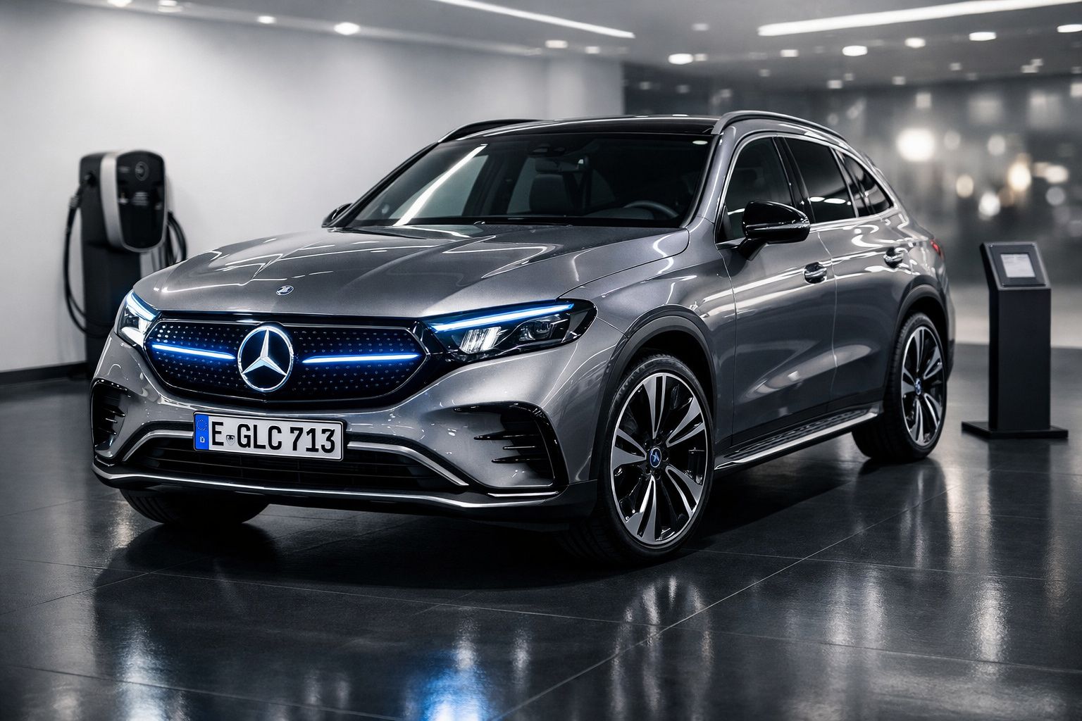 Carro elétrico Mercedes-Benz cinzento estacionado em showroom com carga e iluminação moderna.