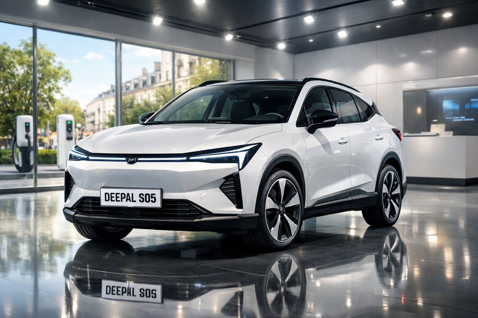 Carro elétrico branco Deepal S05 estacionado dentro de uma sala de exposição moderna com carregadores ao fundo.
