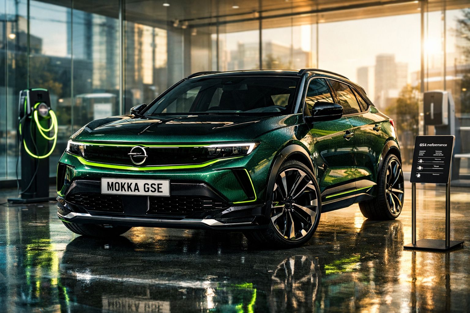 Automóvel elétrico Opel Mokka GSE verde em exposição interior com carregador e placa informativa.