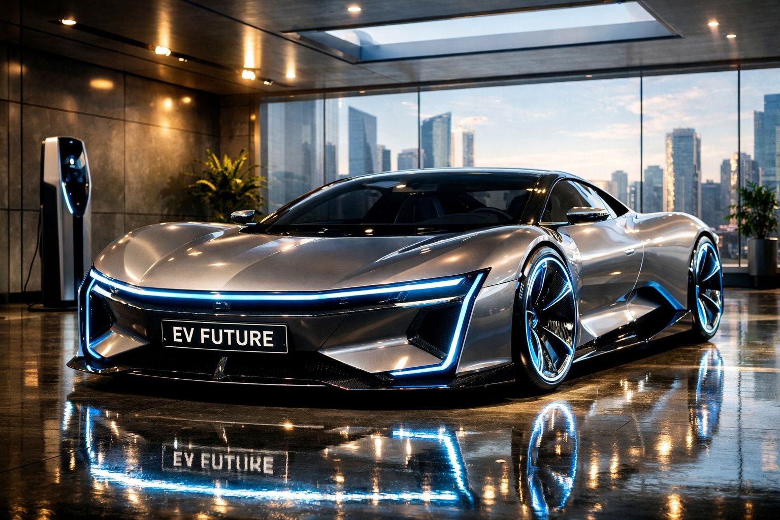 Carro eléctrico futurista prateado com luzes LED azuis numa garagem moderna com vista para a cidade.