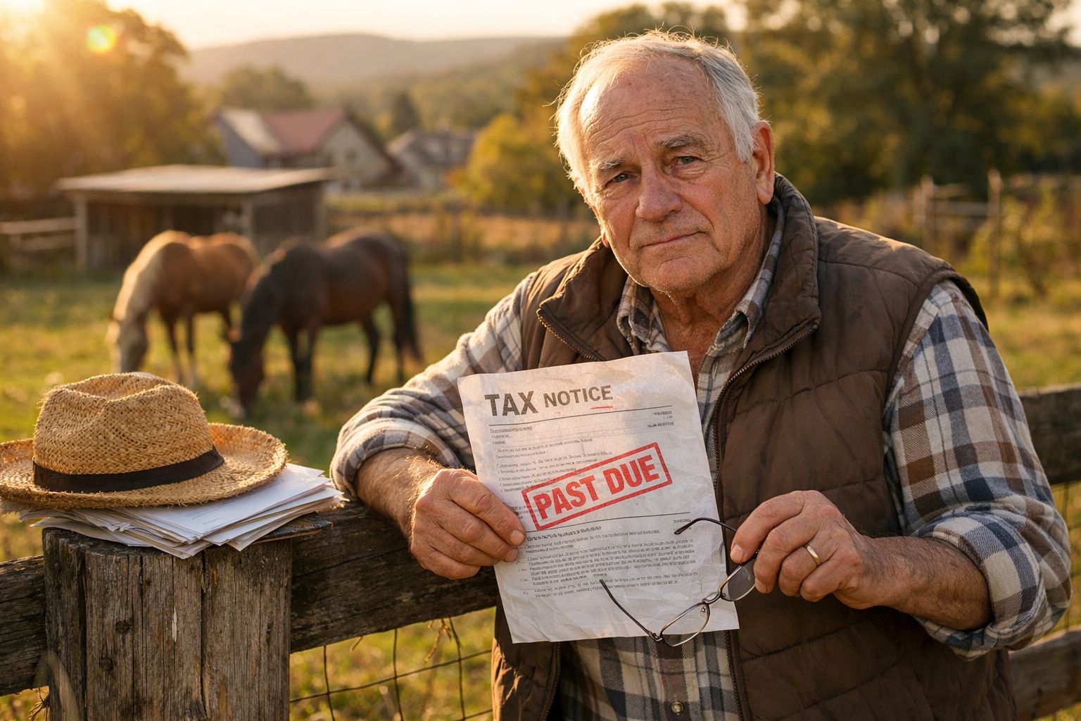Homem idoso no campo mostra documento de aviso fiscal vencido com cavalos ao fundo.