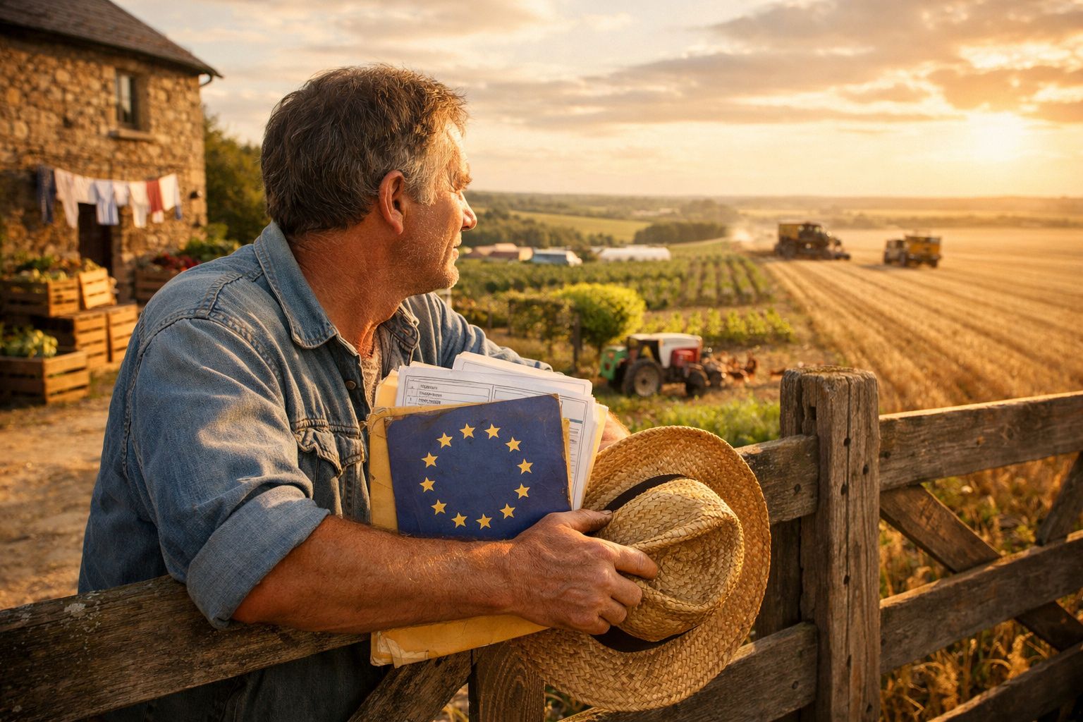 Homem no campo com chapéu na mão, segurando documentos com símbolo da União Europeia, observando a colheita ao pôr do sol.