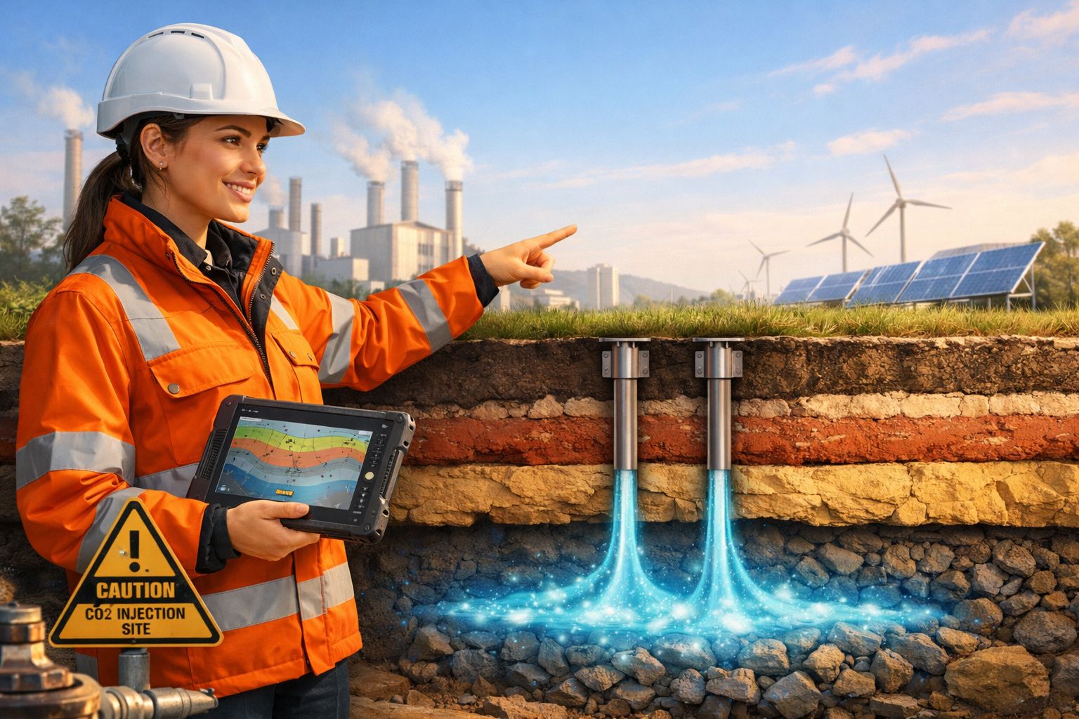 Engenheira em capacete e colete aponta para projeto de injeção de CO2 no solo com energia eólica e solar ao fundo.
