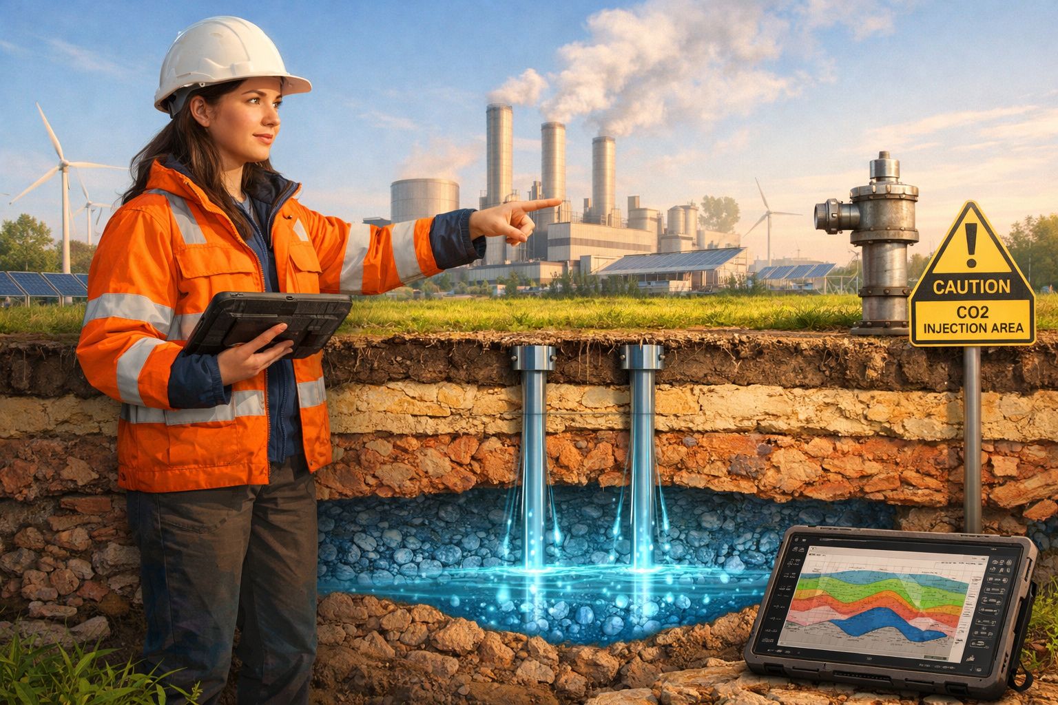 Engenheira em colete laranja e capacete branco analisa área de injeção de CO2 perto de usina eólica e solar.