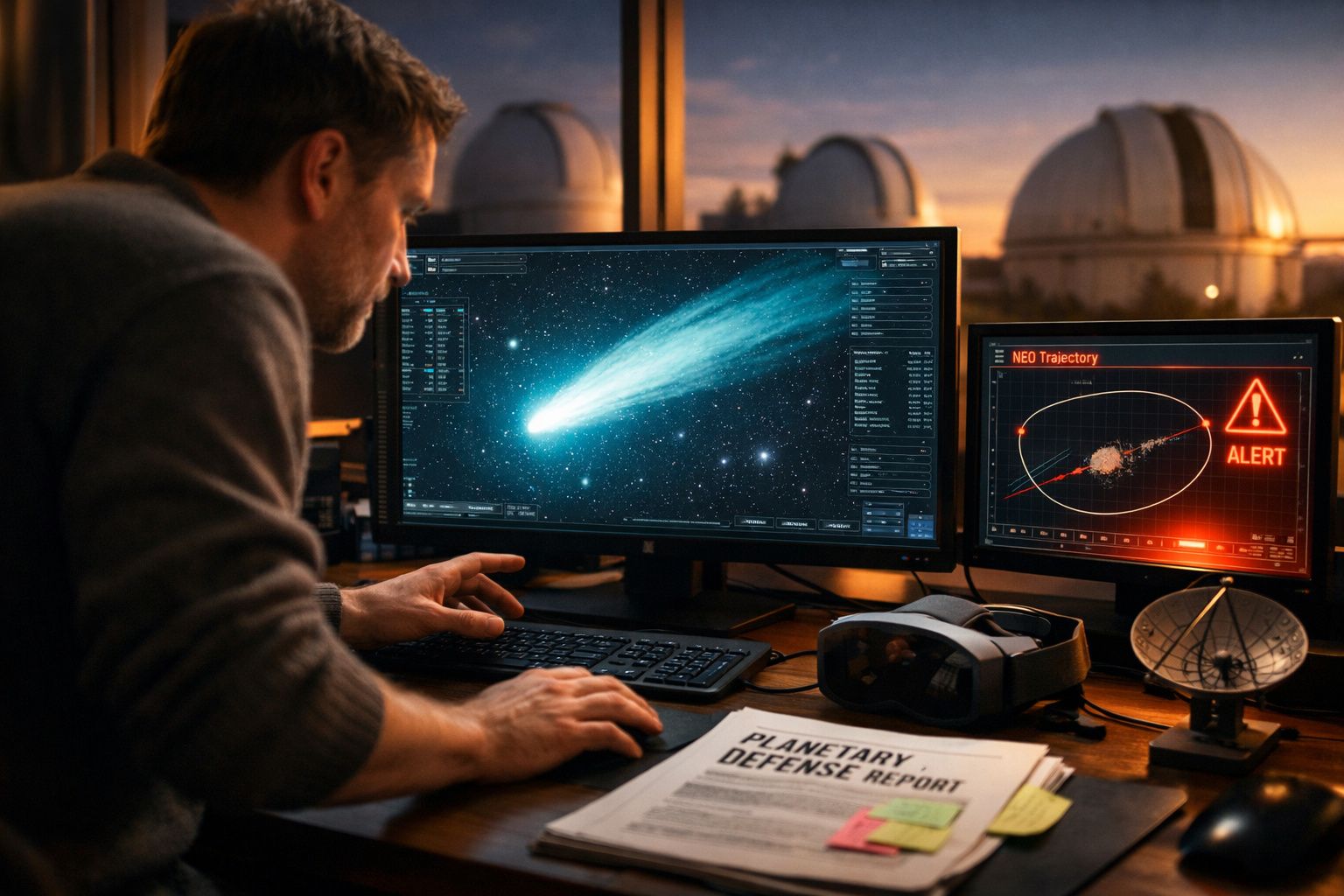 Homem analisa no computador a trajetória de um cometa com alerta de impacto planetário ao anoitecer.