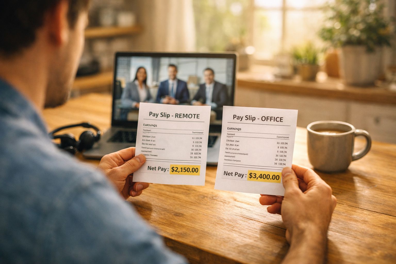 Pessoa sentada a comparar dois recibos de vencimento, um remoto e outro de escritório, com valores destacados.