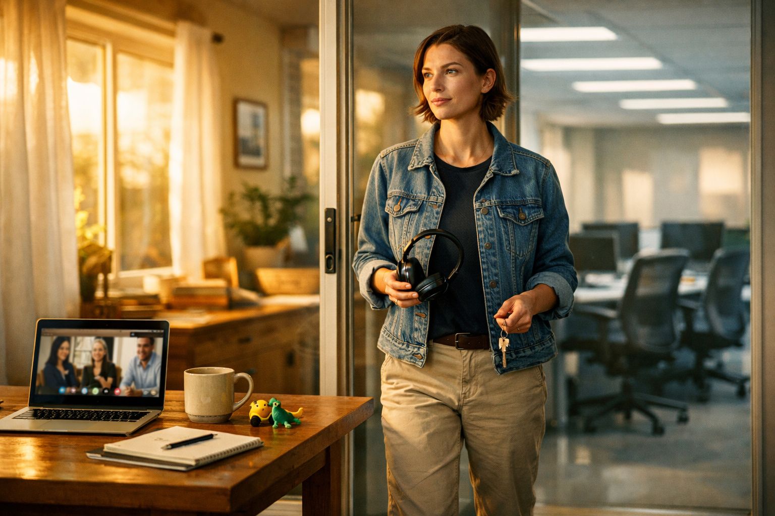 Mulher com casaco de ganga segura auscultadores e chaves junto a mesa com computador em videochamada.