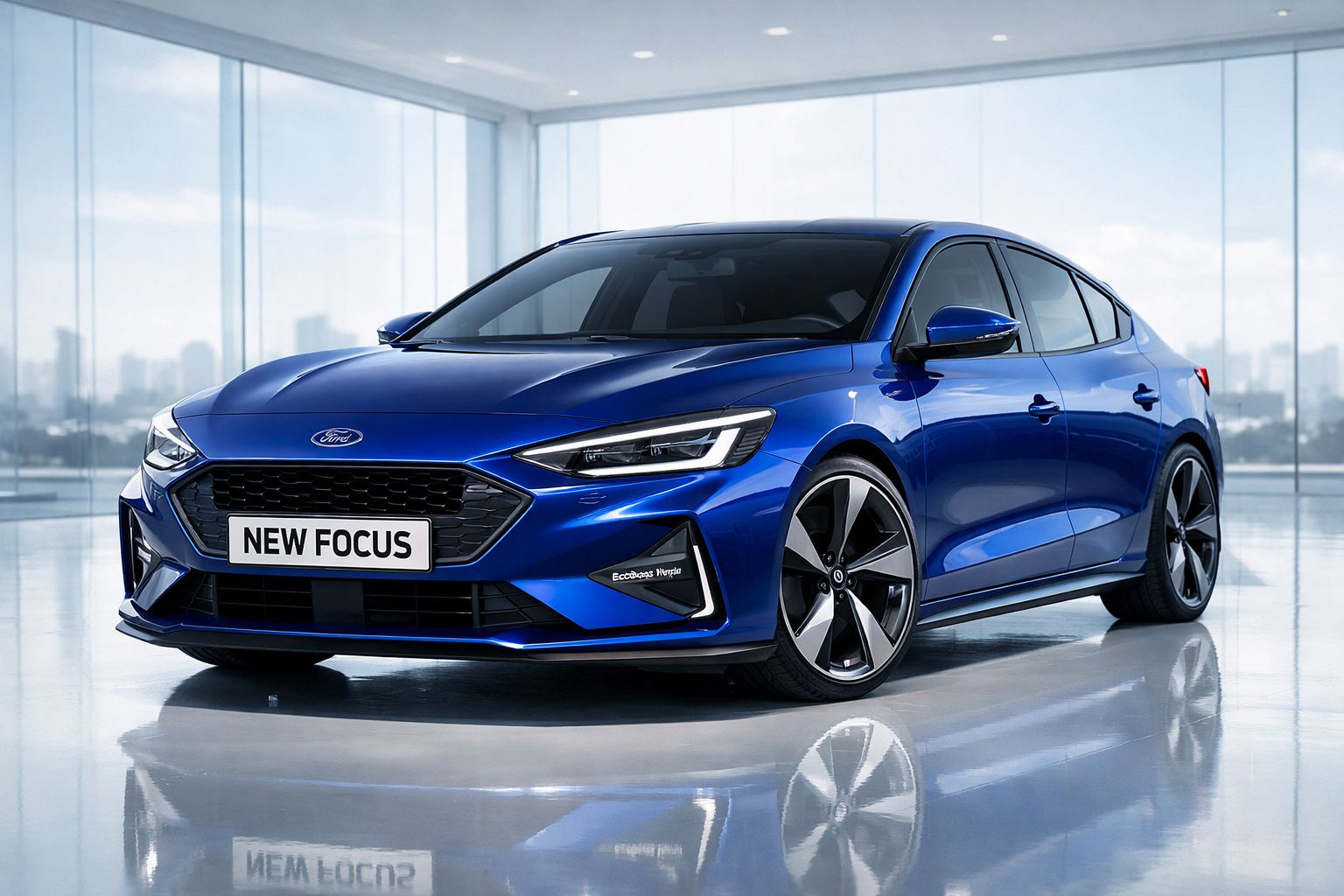 Carro Ford New Focus azul, elétrico, estilo hatchback, em ambiente moderno e luminoso.