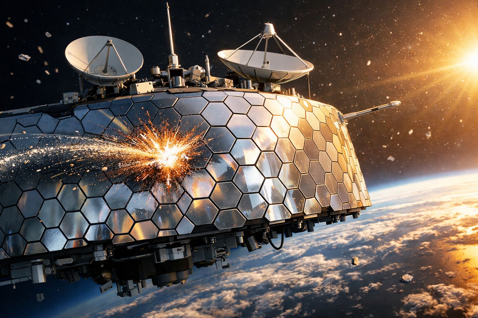 Satélite com escudo hexagonal a ser atingido por meteoroides no espaço próximo à Terra, com o Sol ao fundo.