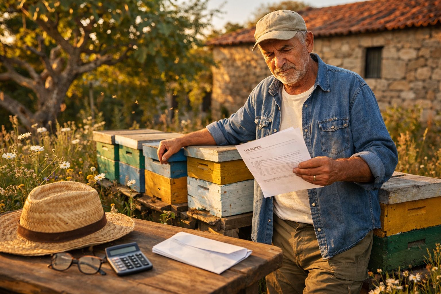 Homem idoso a ler uma carta junto a colmeias, com chapéu, calculadora e óculos numa mesa ao ar livre.