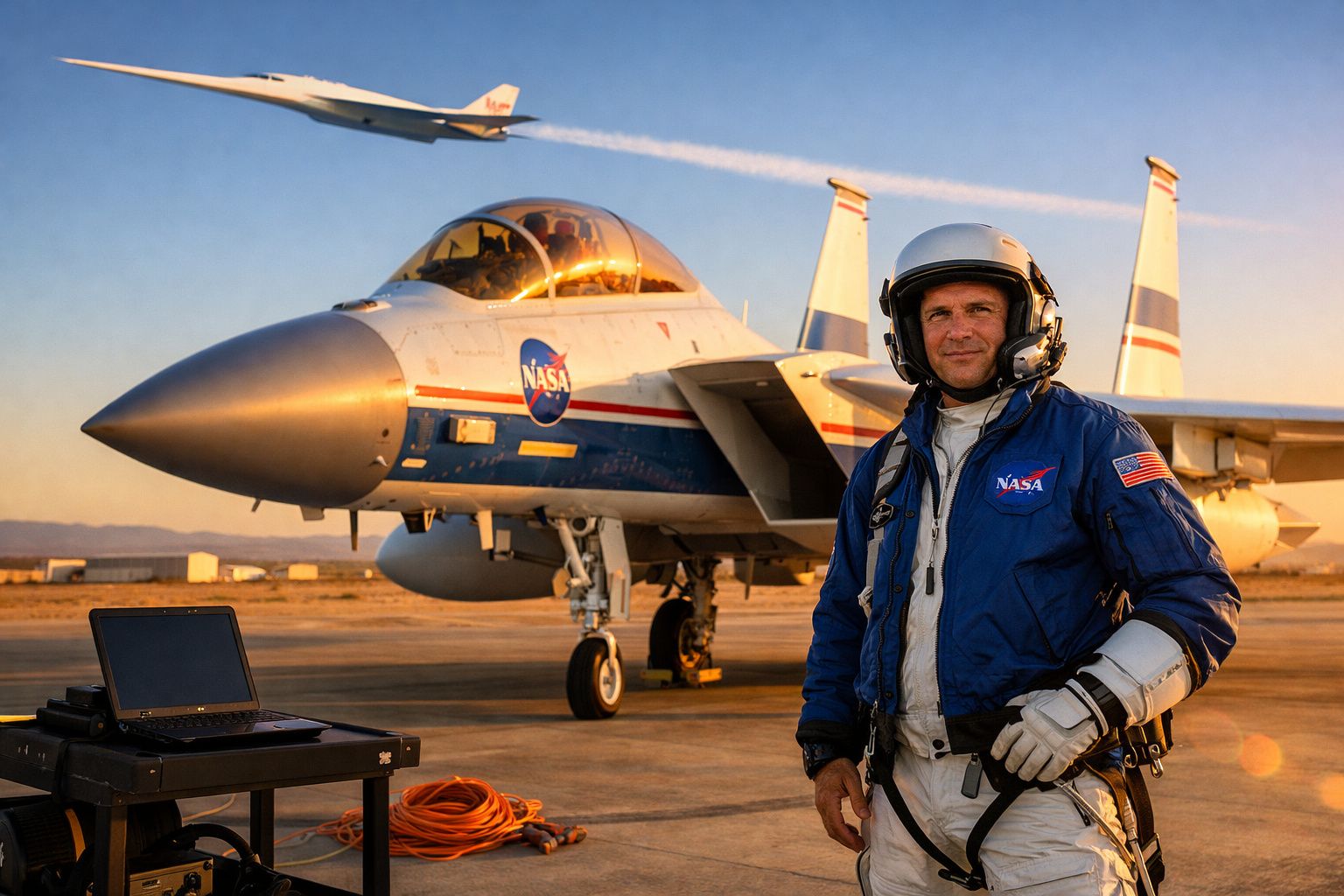 Piloto da NASA em fato espacial junto a jato e portátil num aeroporto ao pôr do sol