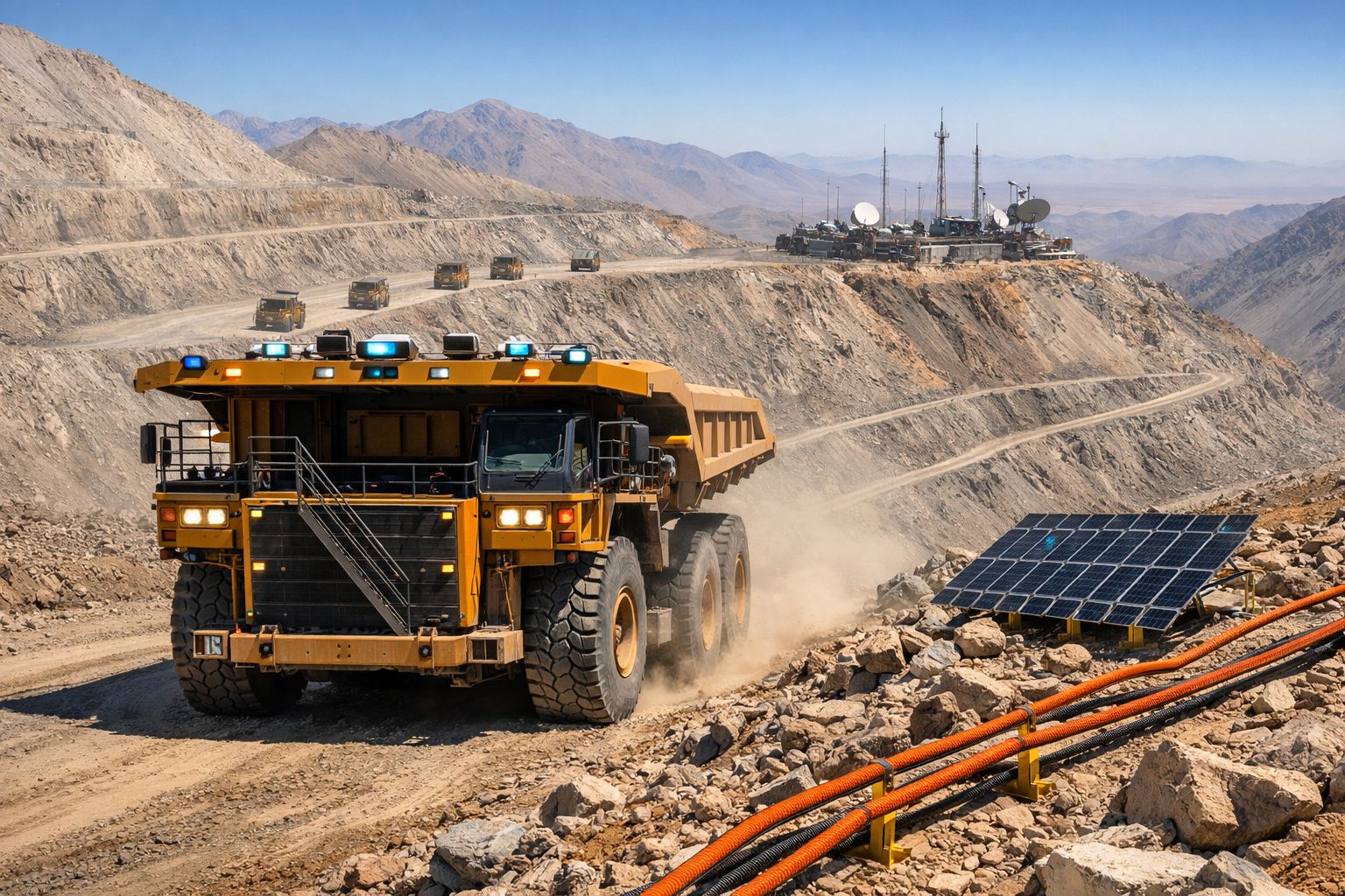 Camião de carga grande em mina a céu aberto com painéis solares e montanhas ao fundo.