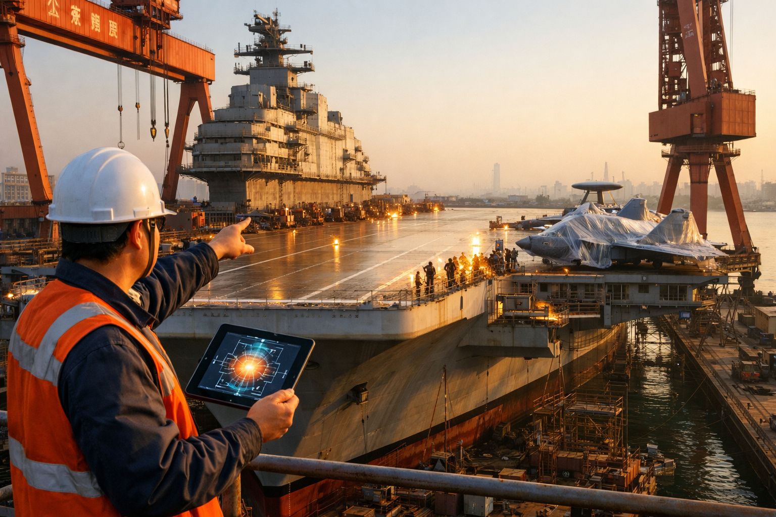 Trabalhador com capacete e tablet aponta para porta-aviões em construção num estaleiro naval ao pôr do sol.