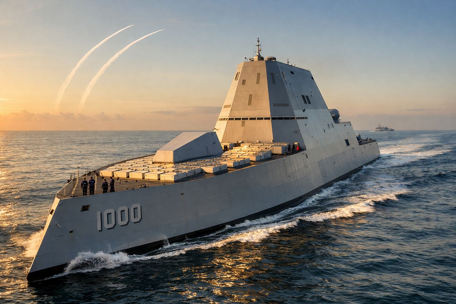 Cruzador militar moderno com número 1000 navegando no mar ao pôr do sol com rastos de mísseis no céu.
